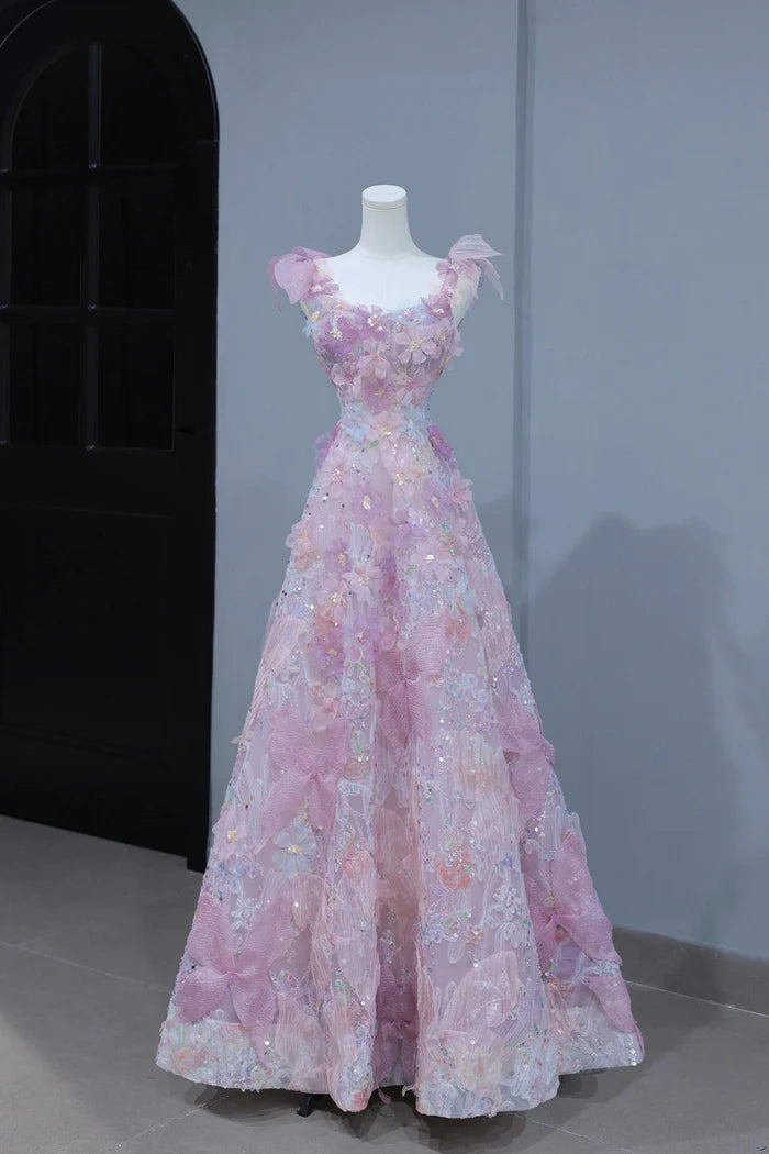 Beautiful Flowers Tulle Long Formal Dresses, Purple Pink A-Line Evening Dresses